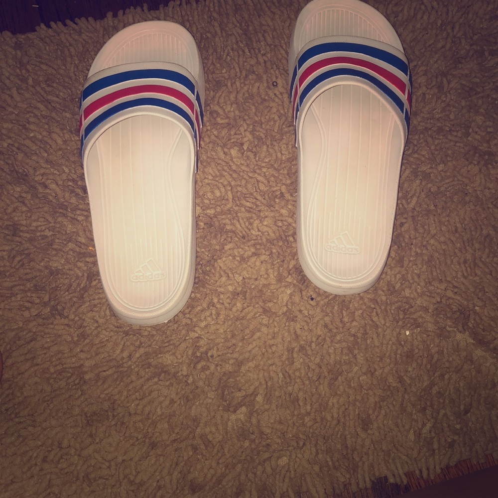 adidas slides, red white and blue